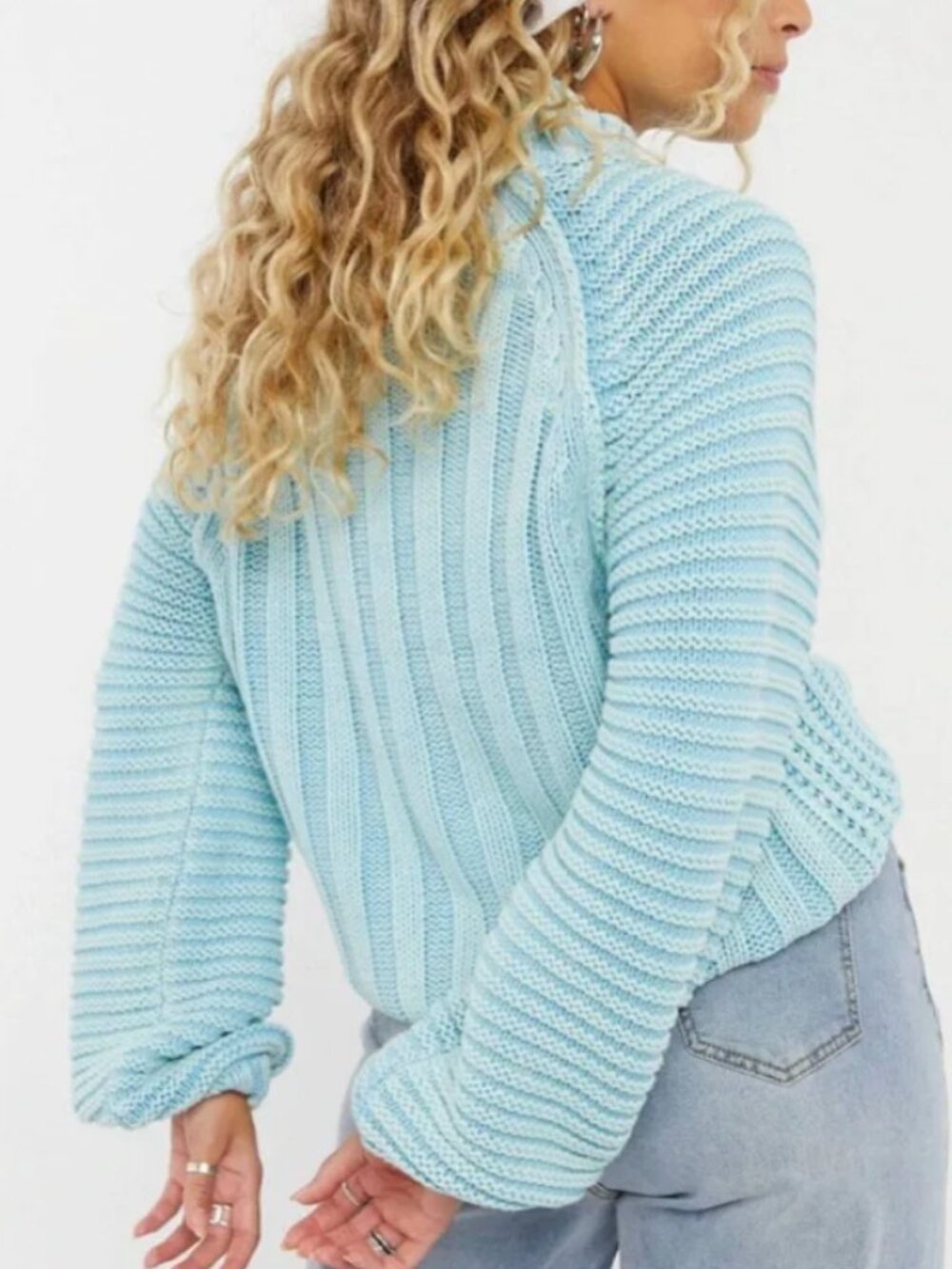 Free People Sweetheart Sweater Aqua Blue Chunky Cotton Knit Large Cozy Textured - Picture 4 of 7